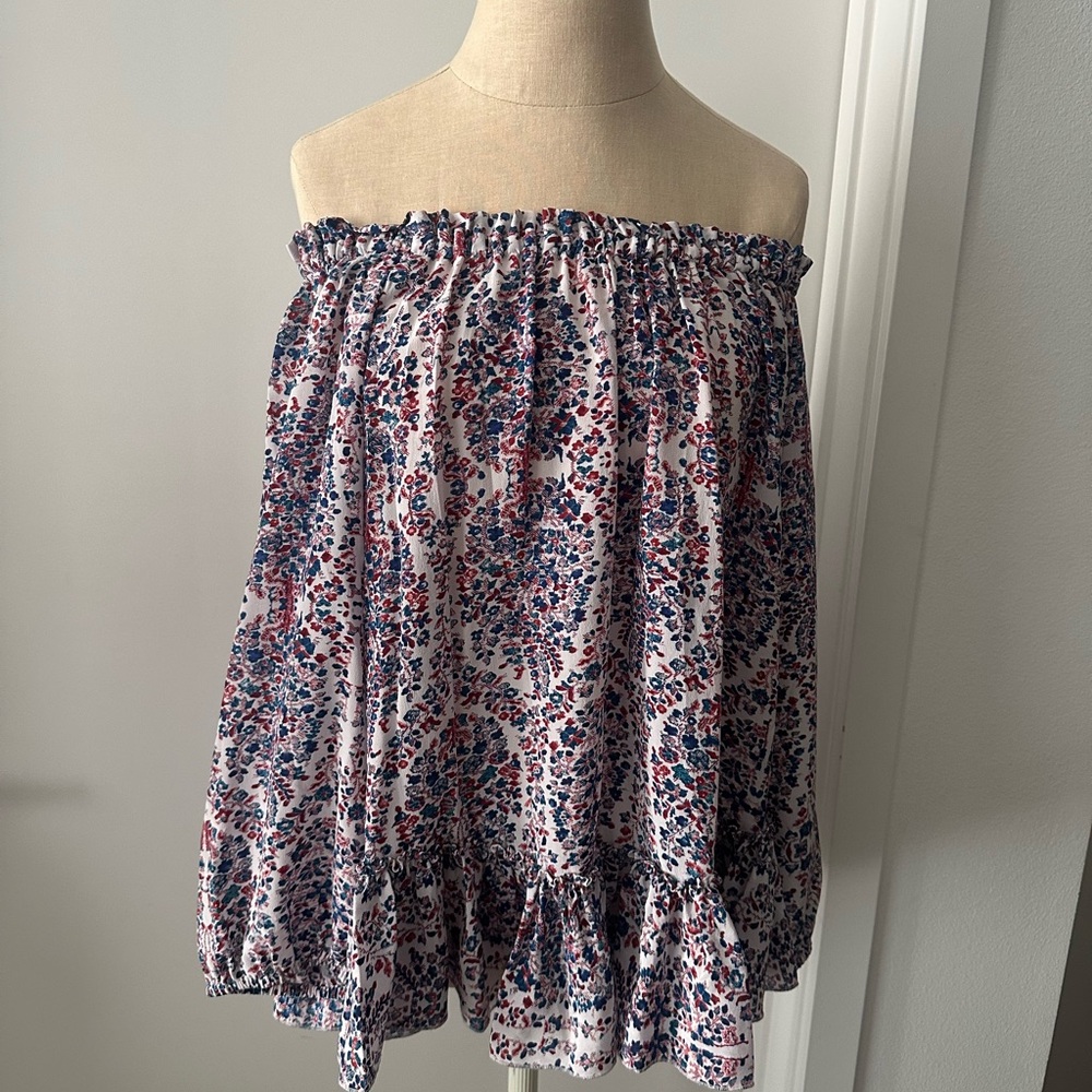 Rebecca Taylor Floral Off-Shoulder Blouse - Blue and Red